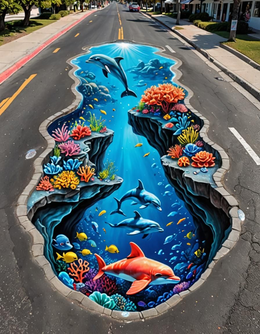 Surreal 3D Chalk Art: Dolphin Leaping from Underwater Scene