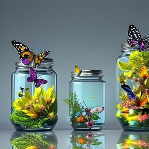 Intricate Butterflies in Glass Jar: Digital Art