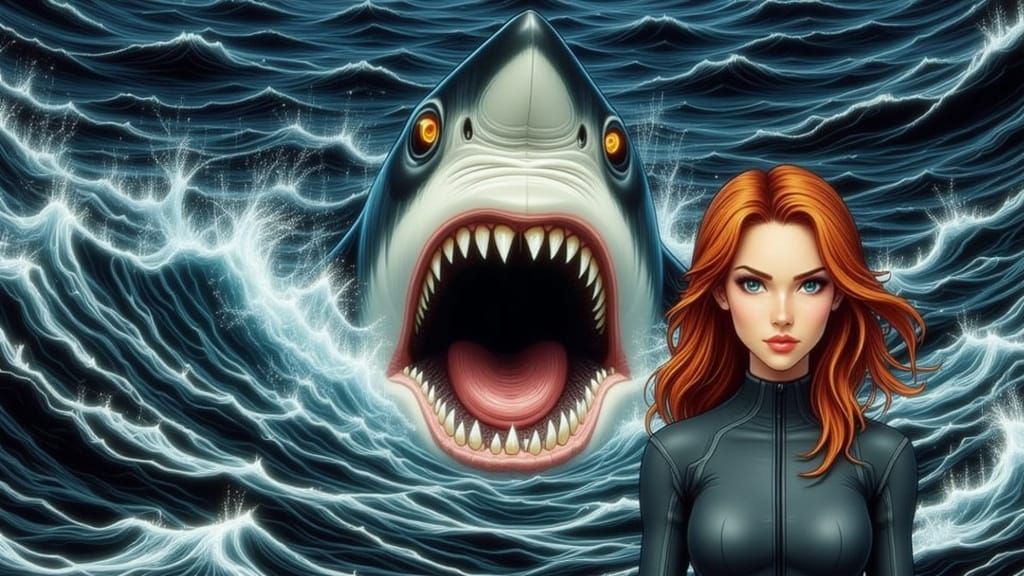 use the composition, clothing and facial expressions from the second start image. replace the man with the female from t...