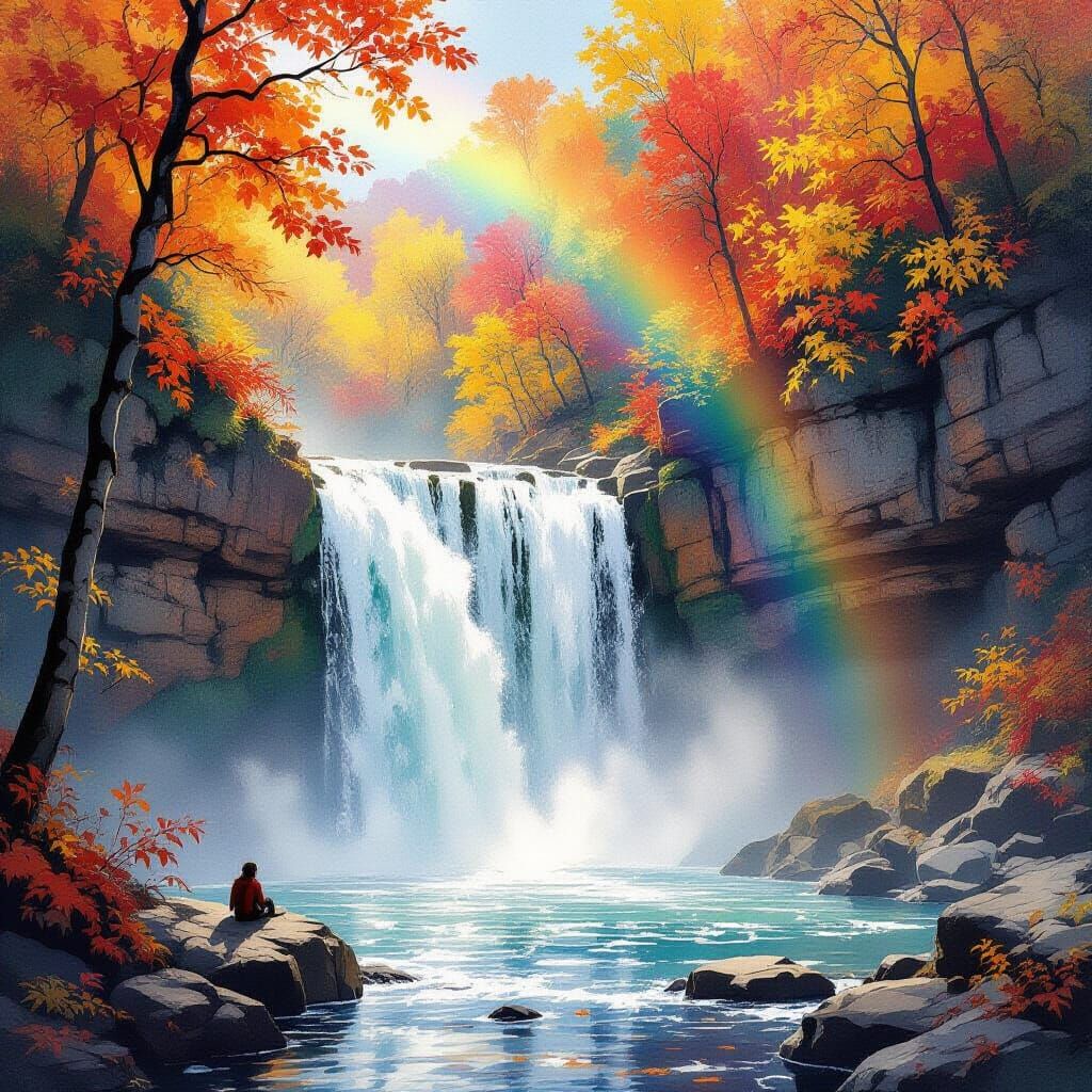 Majestic Autumn Waterfall with Hiker in Watercolor Style