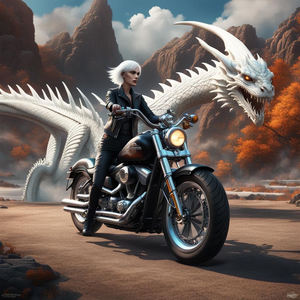 Dragon Rider: Woman on Harley Davidson in Fantasy Art