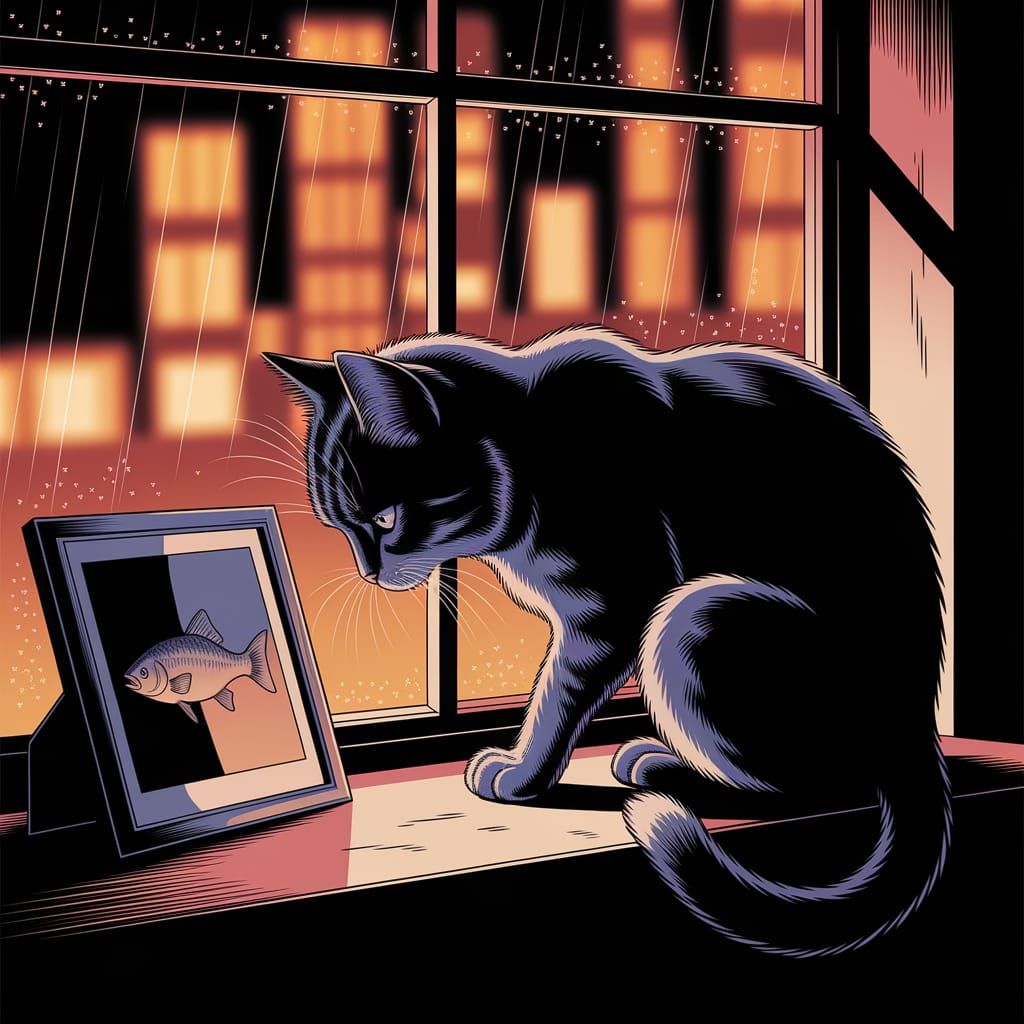 Heartbroken Cat in Noir Style Gazes at Fish Photo