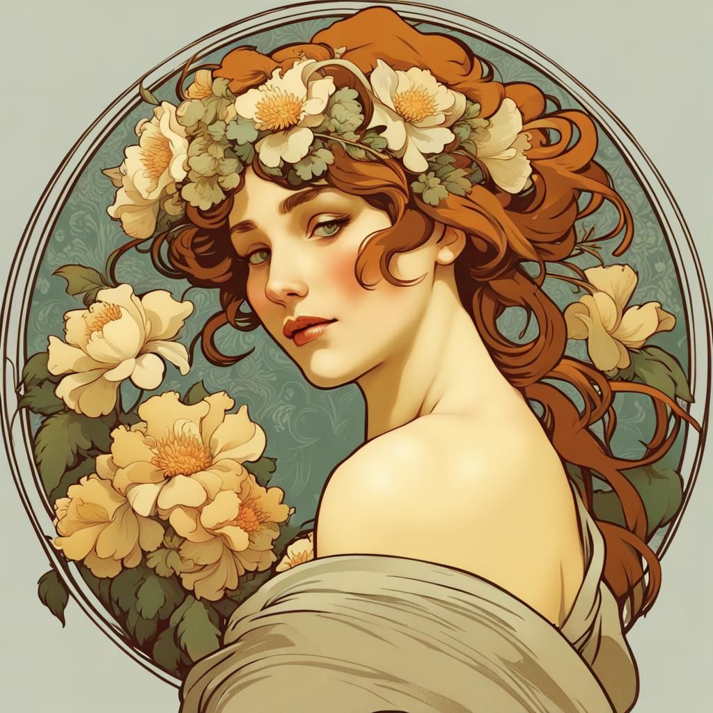 A woman in vintage style wears flowers in her hair