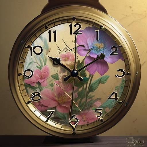 Detailed Miniature Floral Brass Clock in Hyperrealistic Styl...
