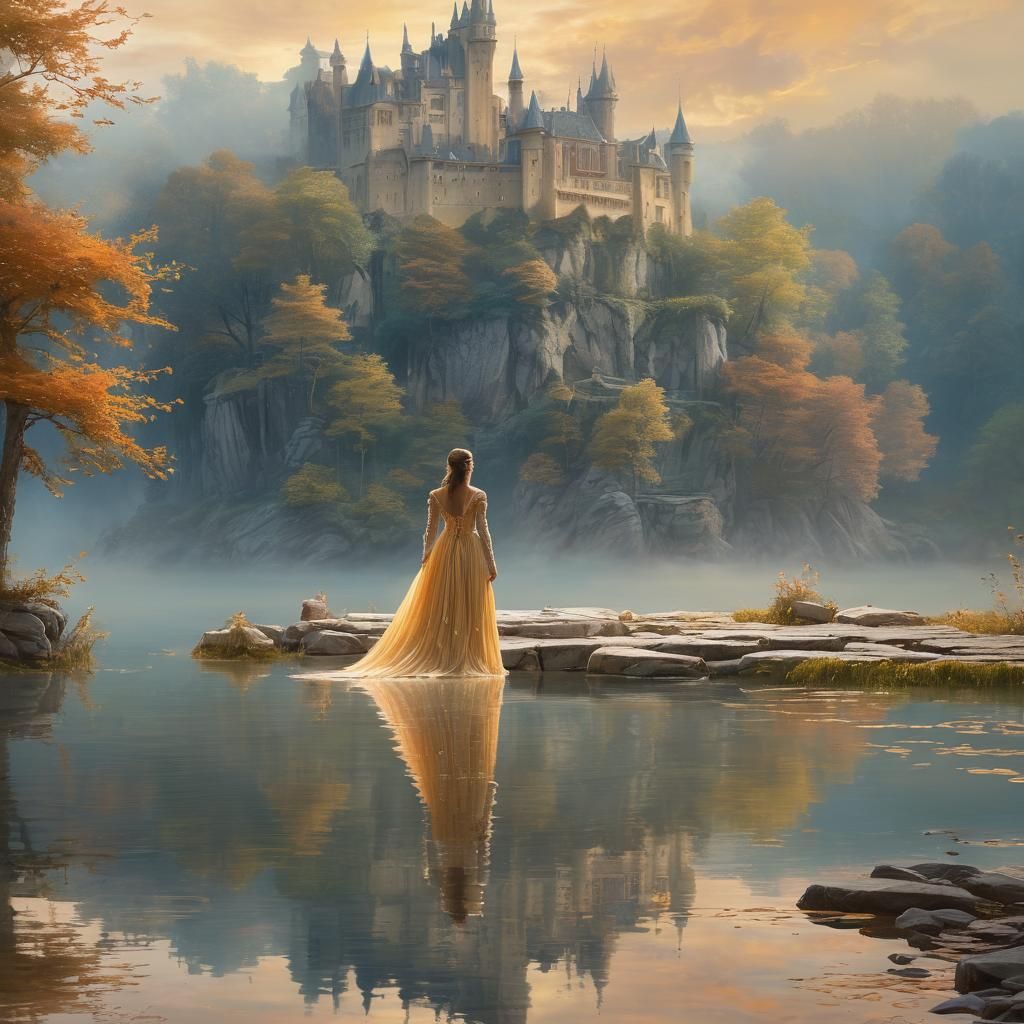 Dreamlike Princess in Misty Fantasy Landscape