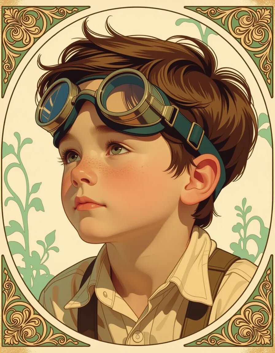 Contemplative Boy with Goggles in Art Nouveau Style