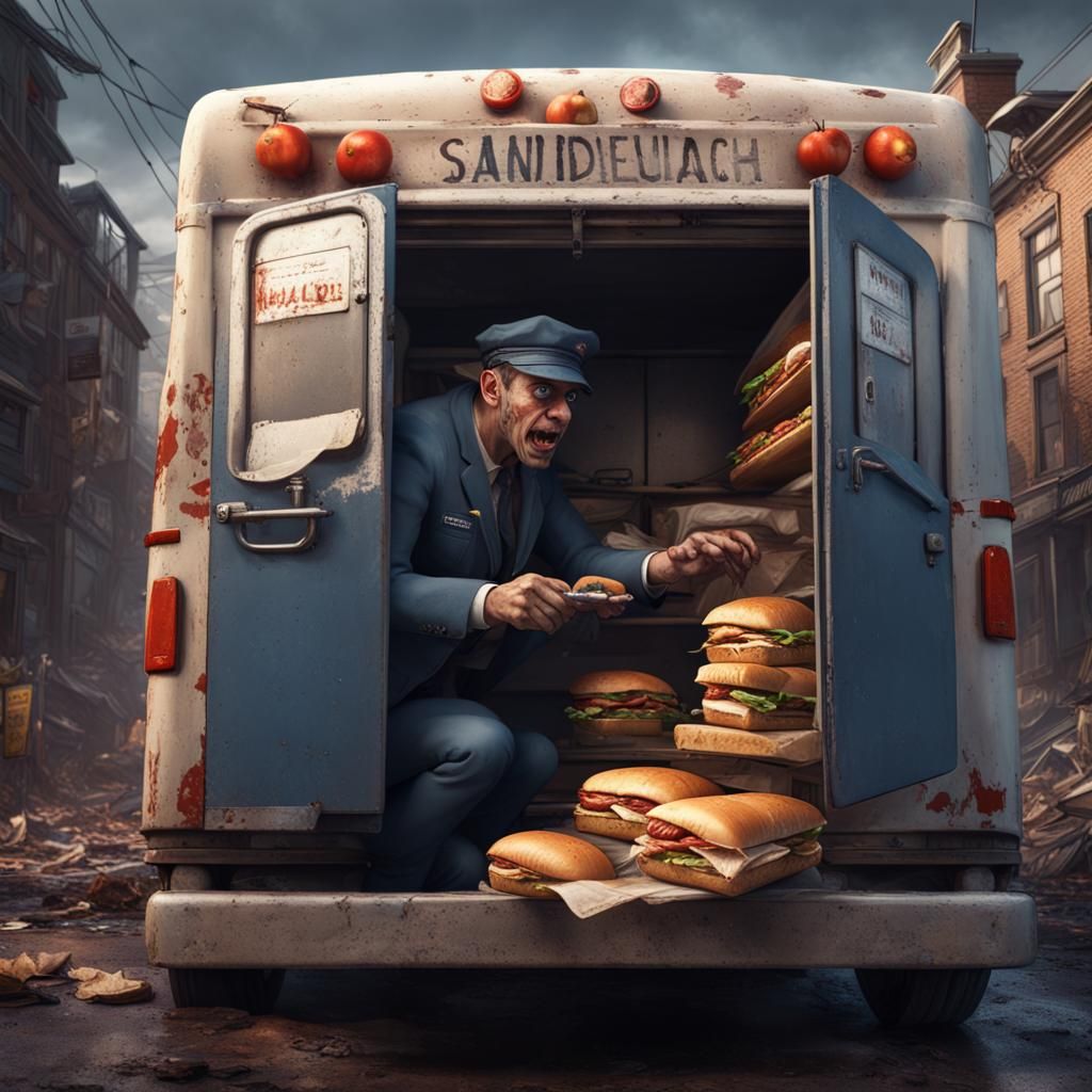Deranged Mailman Eating a Sandwich: Detailed Matte Painting