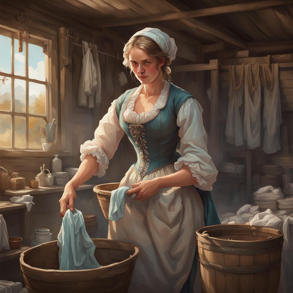 Colonial Woman Washing Clothes: Detailed Portrait