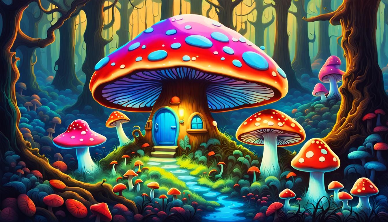 Enchanted Mushroom House in Bioluminescent Forest
