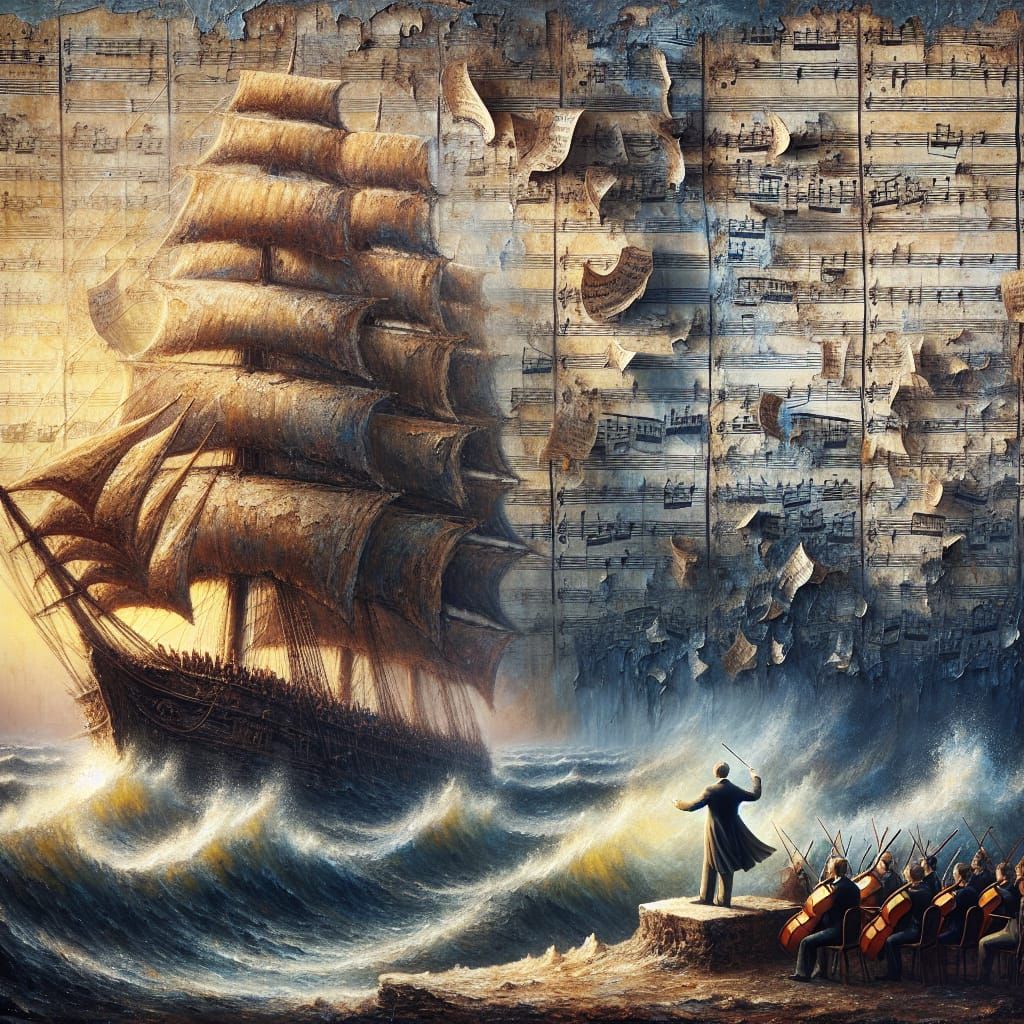 Orchestral Conductor on Sailing Ship in 19th Century Style