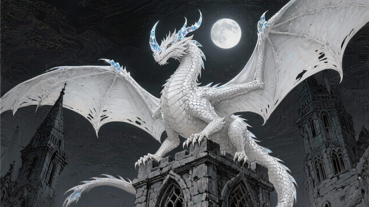 Majestic White Dragon on Gothic Spire