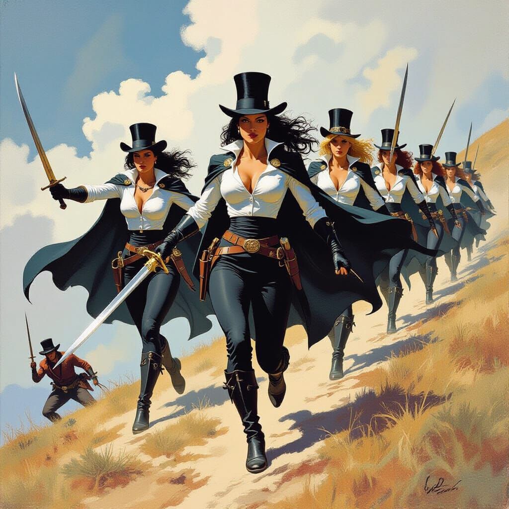 Amazon Warriors Chase Bad Guys: Illustrative Fantasy Art