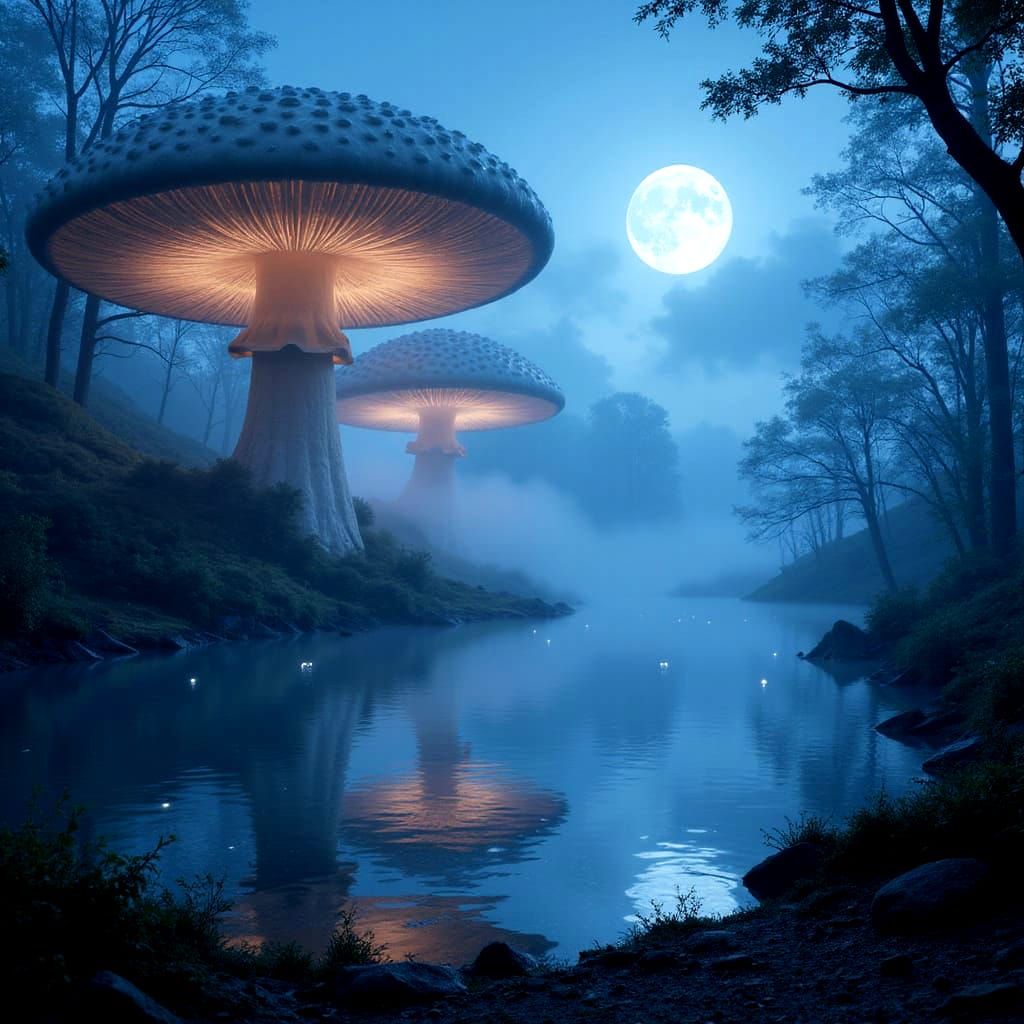 Surreal Mushroom Canopy Over Misty Lake
