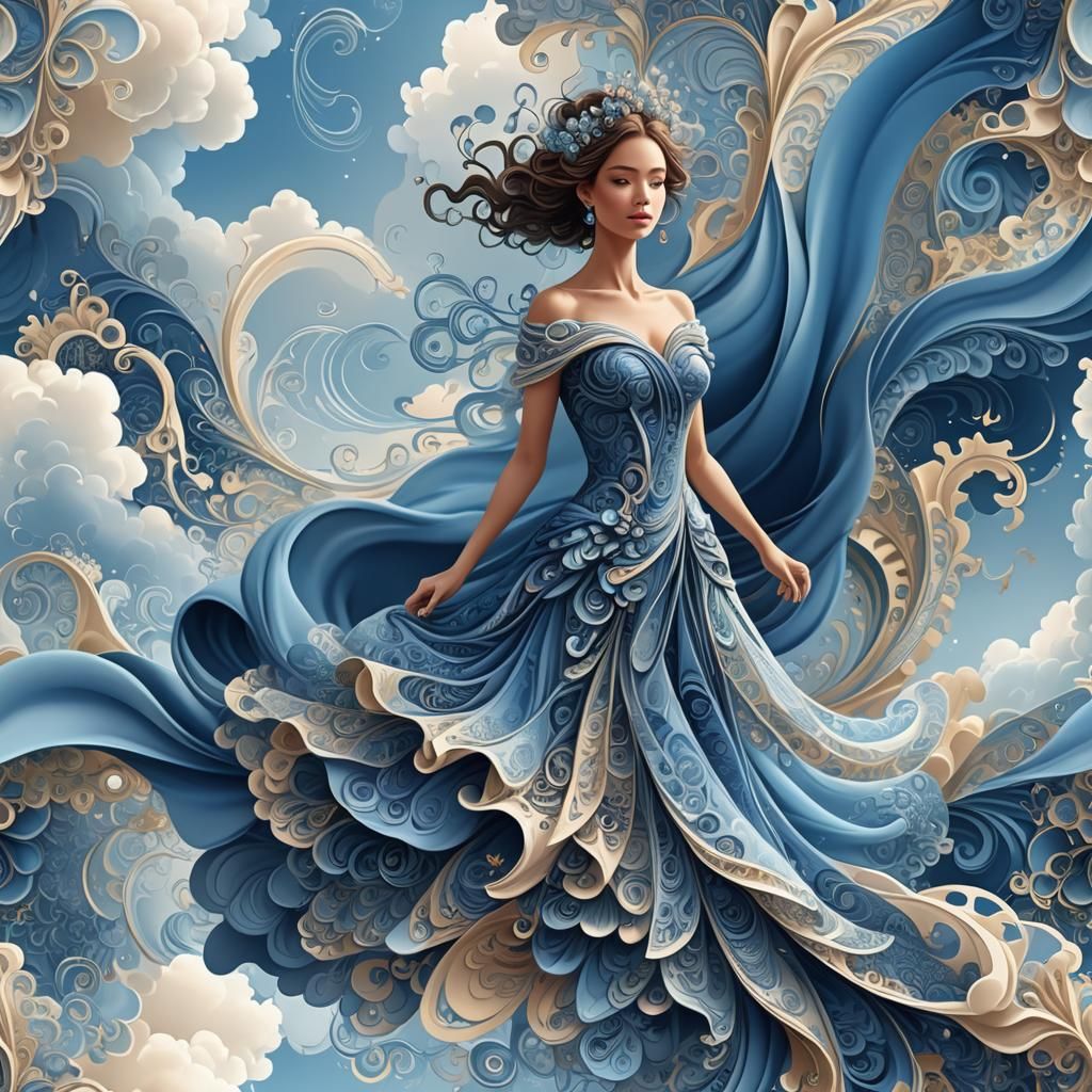 Design a fantasy dress woven from the fabric of the blue sky...