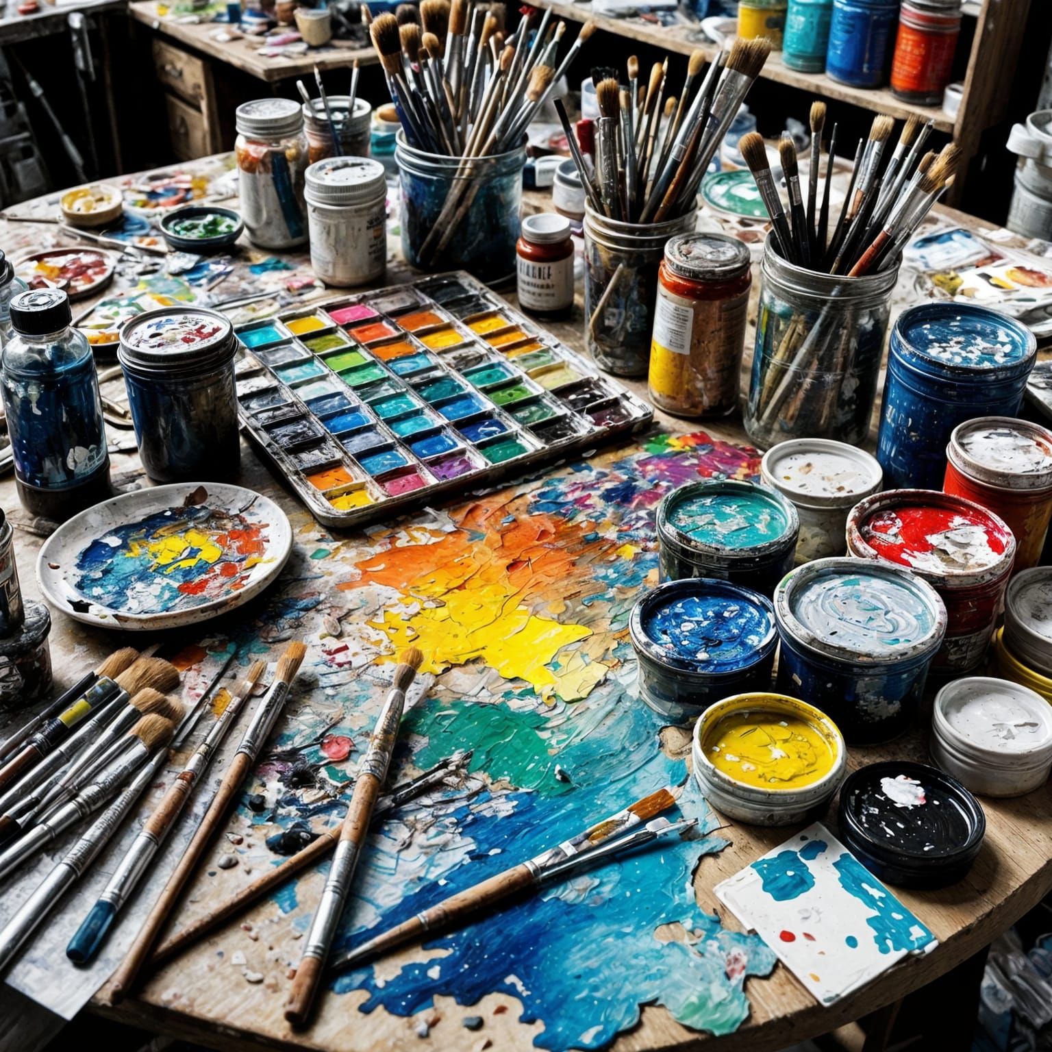 Messy Artist's Table with Art Supplies