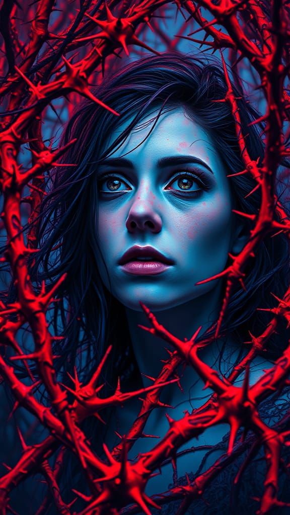 Eerie Woman in Thorn Maze as Wire Sculpture