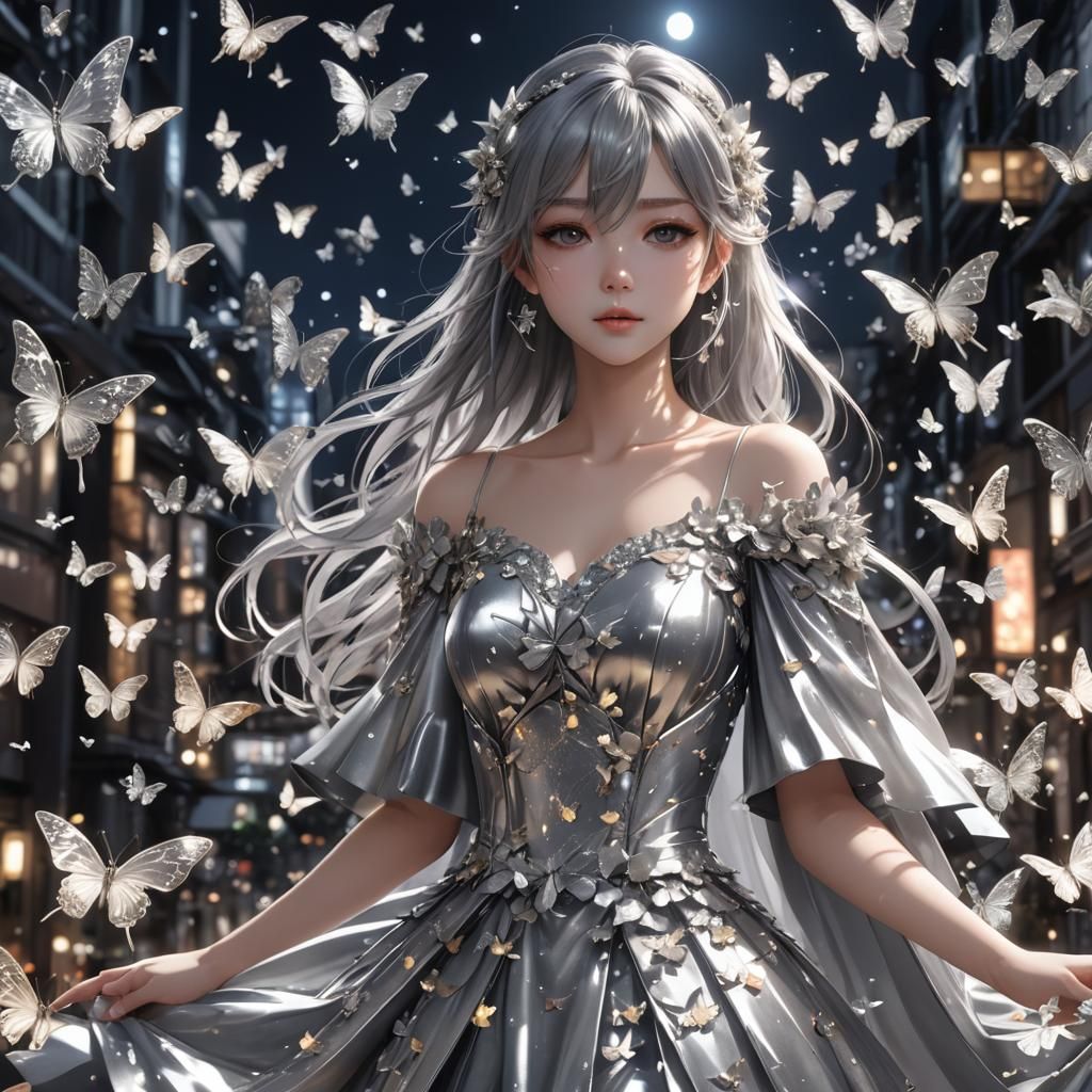 Anime Girl in Silver Dress with Butterflies