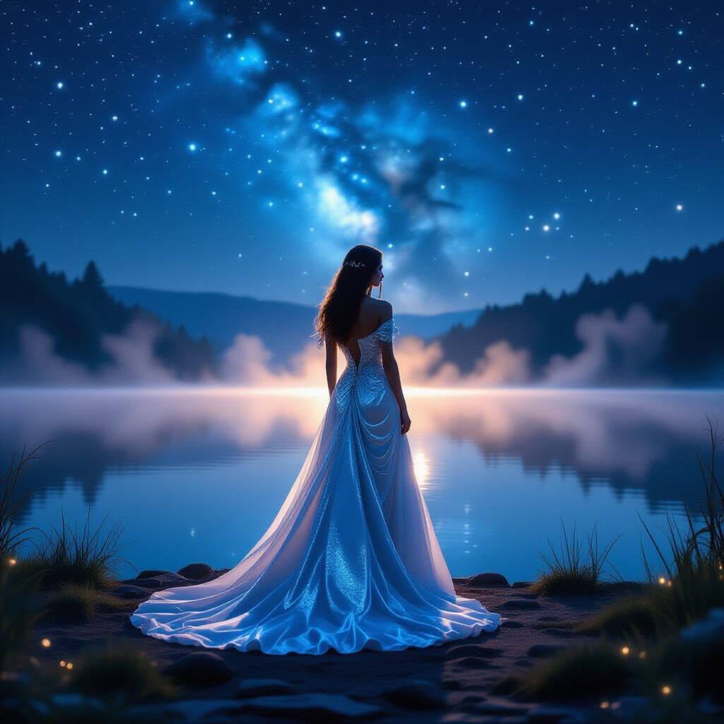 Mystical Lake Reflection: Woman and Milky Way
