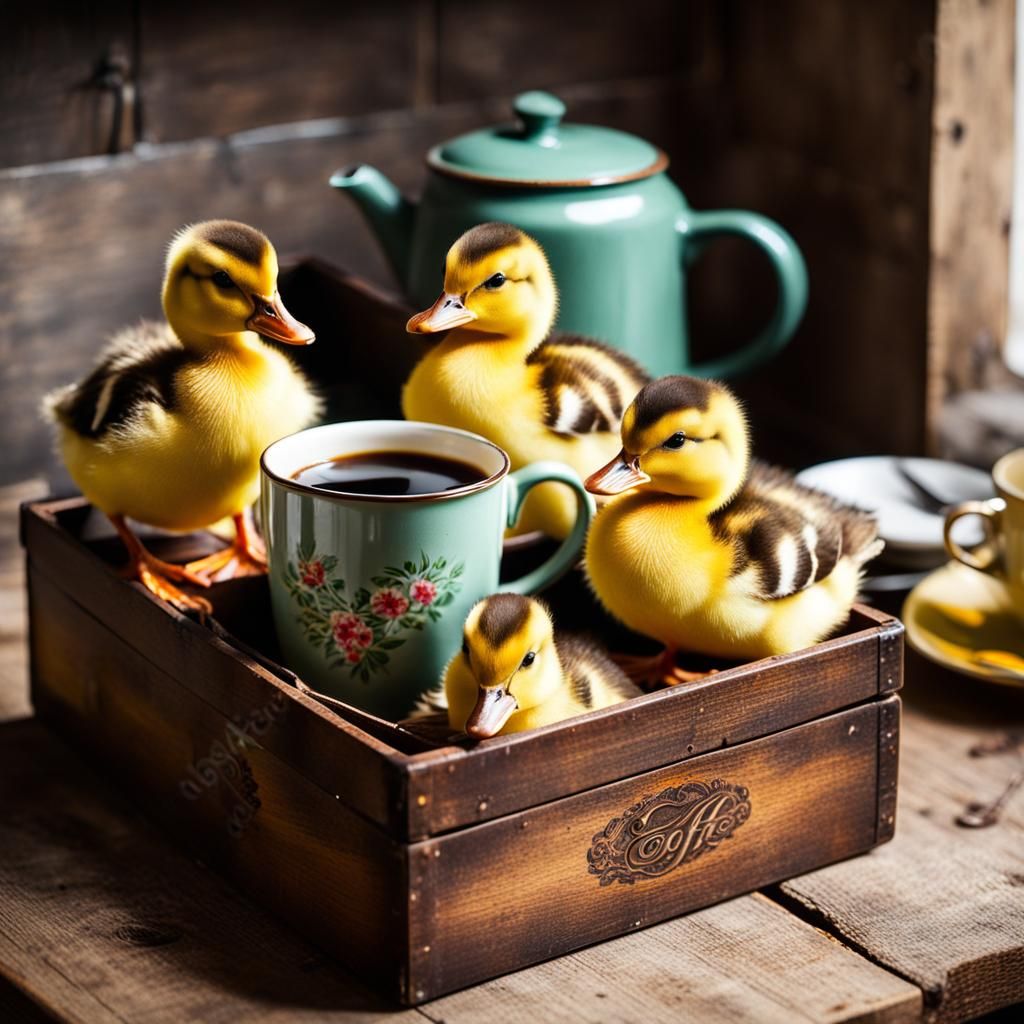 Ducklings in Box with Coffee Cup