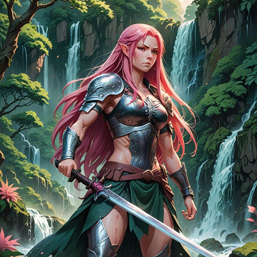 Anime Warrior Woman with Sword and Waterfall