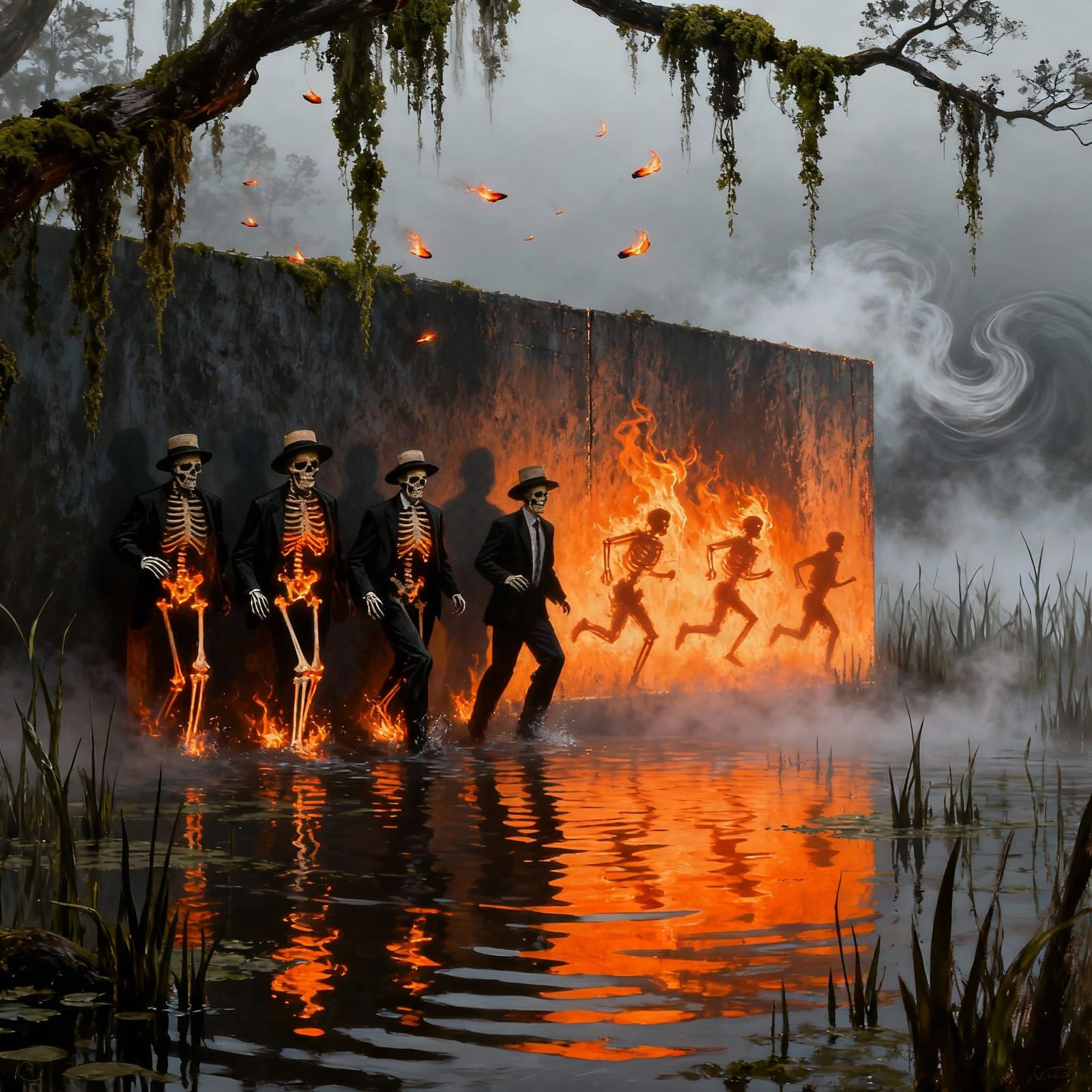 Fiery Figures and Skeletal Marchers in a Haunted Swamp