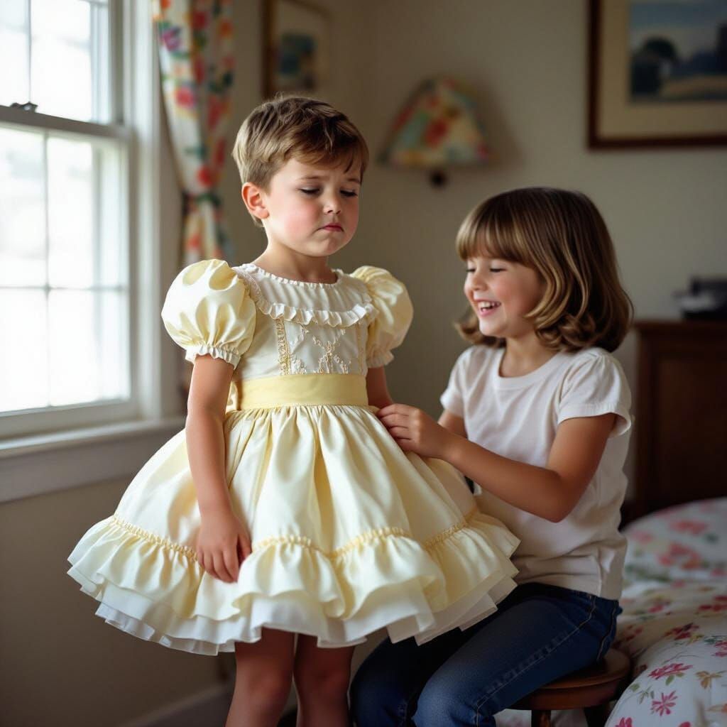 1960s Boy Pouts in Flower Girl Dress