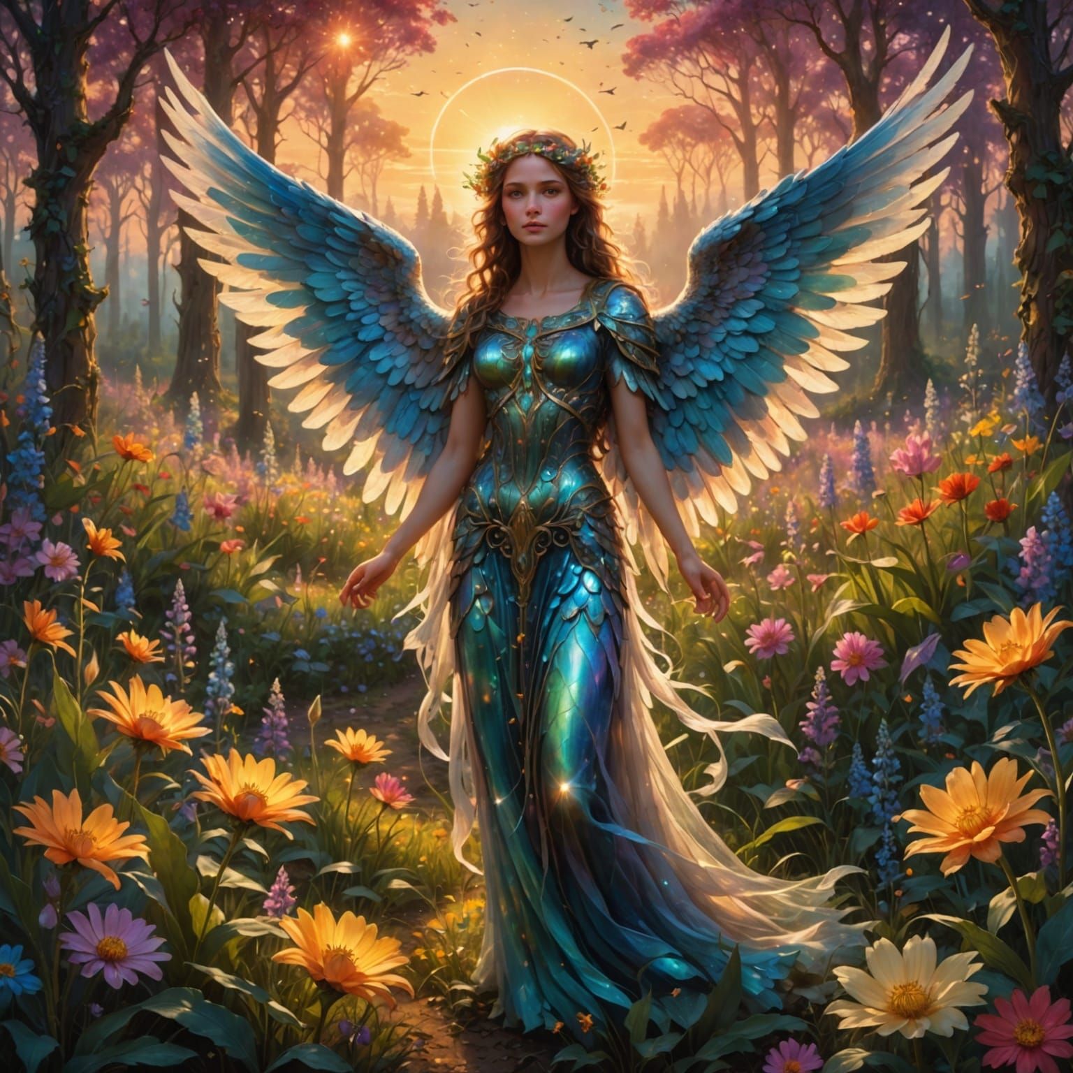 Glowing Angel in Mystical Flower Field