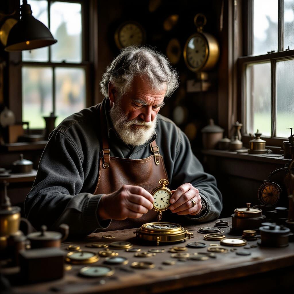 Elderly Clockmaker Repairs Antique Watch in Workshop