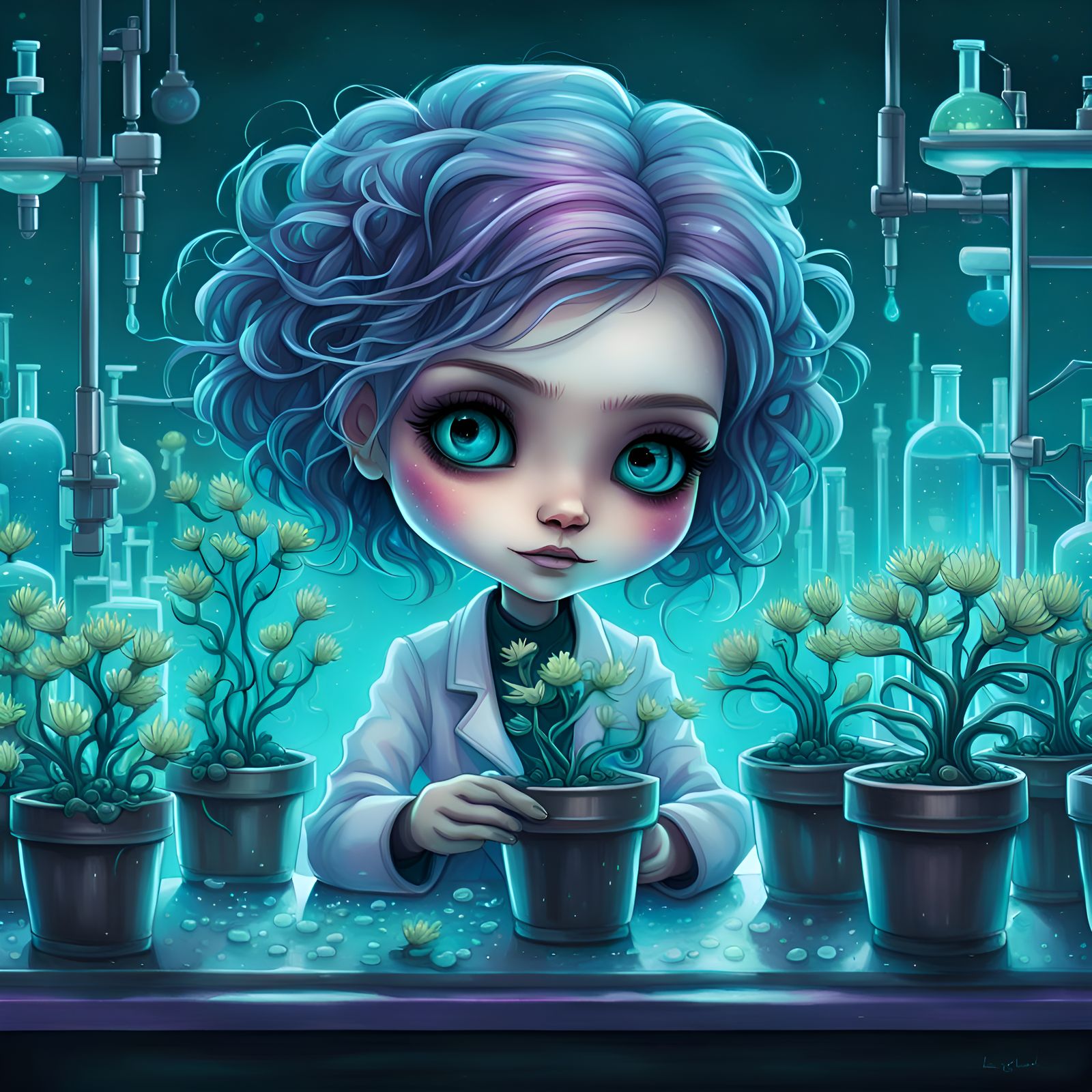 Chibi Scientist and Fluorescent Plants in Lab