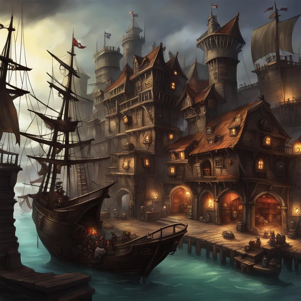 Pirate Fortress City with Taverns and Cannons