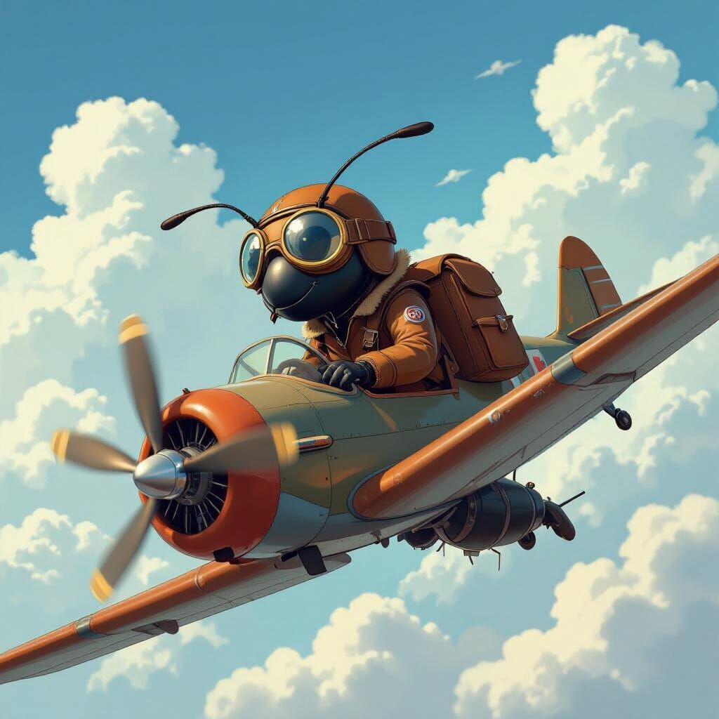 Ant Pilot Flies Airplane in Anime Style