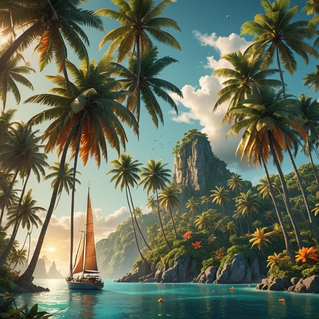 Tropical Island Paradise with Sailboats, Fantasy Concept Art