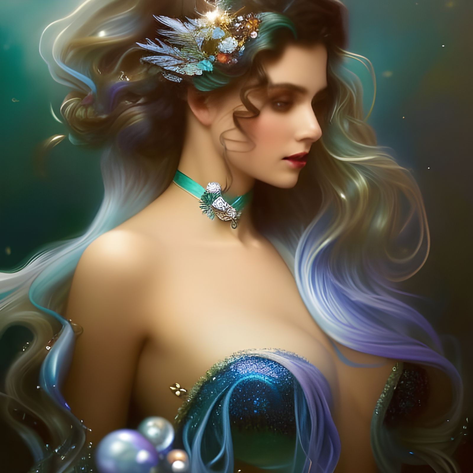 Ethereal Mermaid Portrait with Crystalline Details