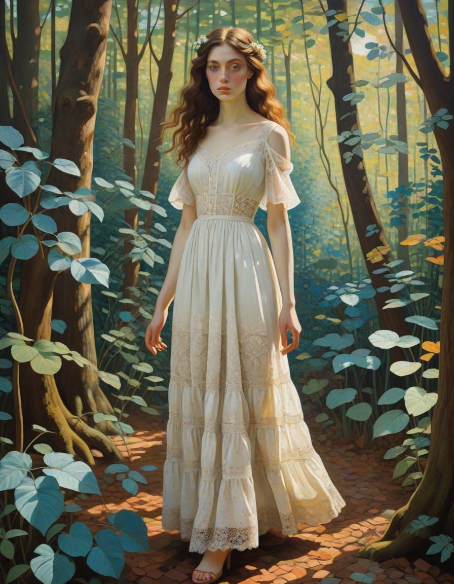 Woman in Cubist Forest, Pre-Raphaelite Style