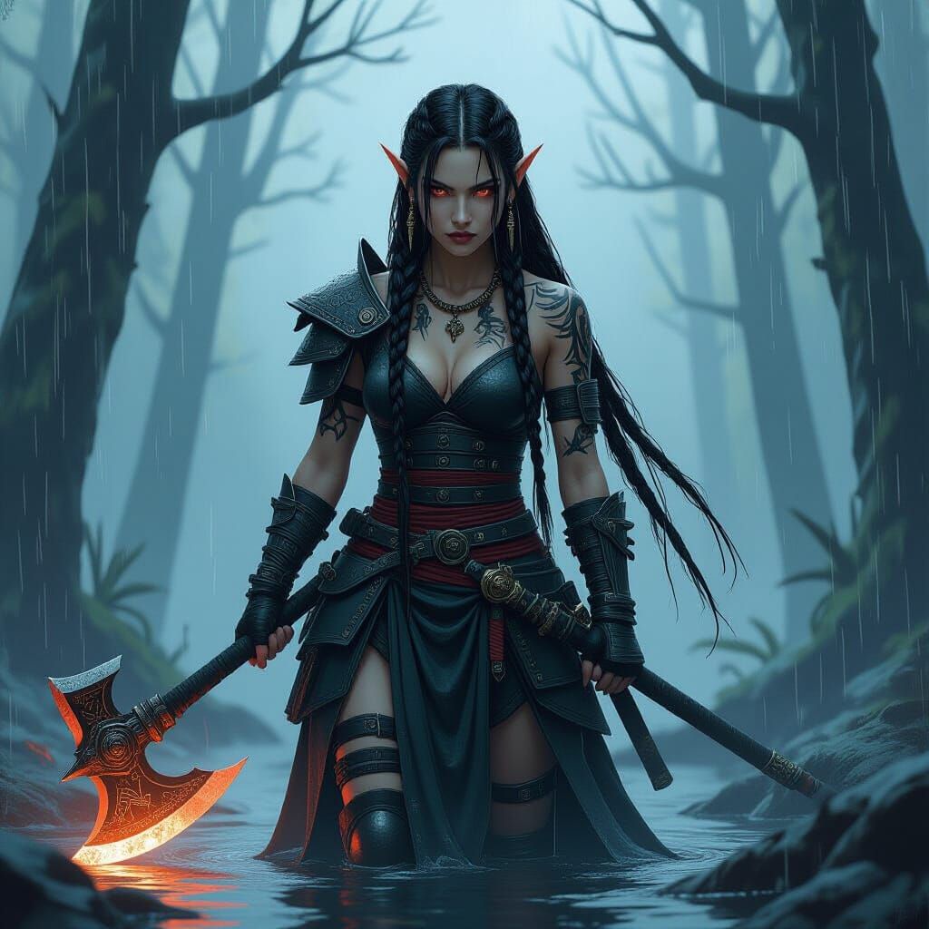 Brooding Punk Elf Warrior in Graphic Novel Style