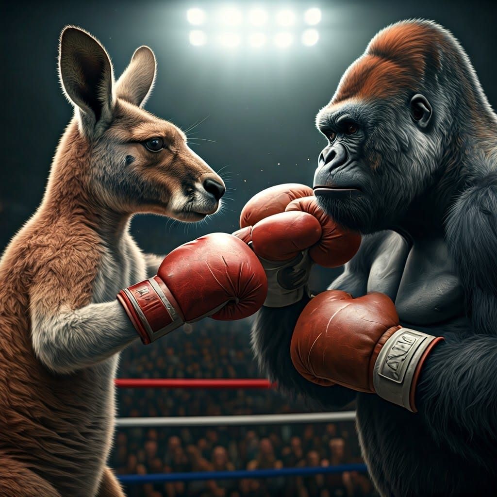 Kangaroo vs Gorilla Boxing Match in Hyperreal Detail