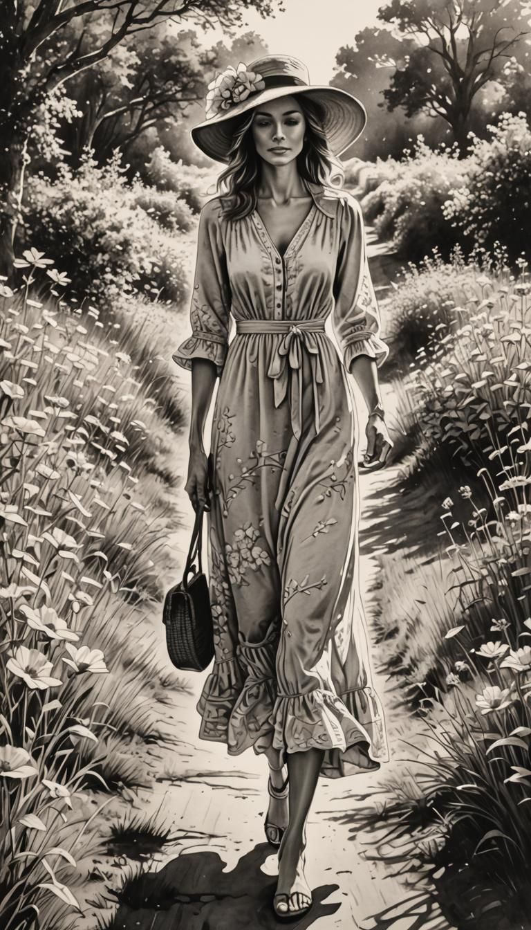 Elegant Woman in Sun Dress: Hyperdetailed Ink Drawing