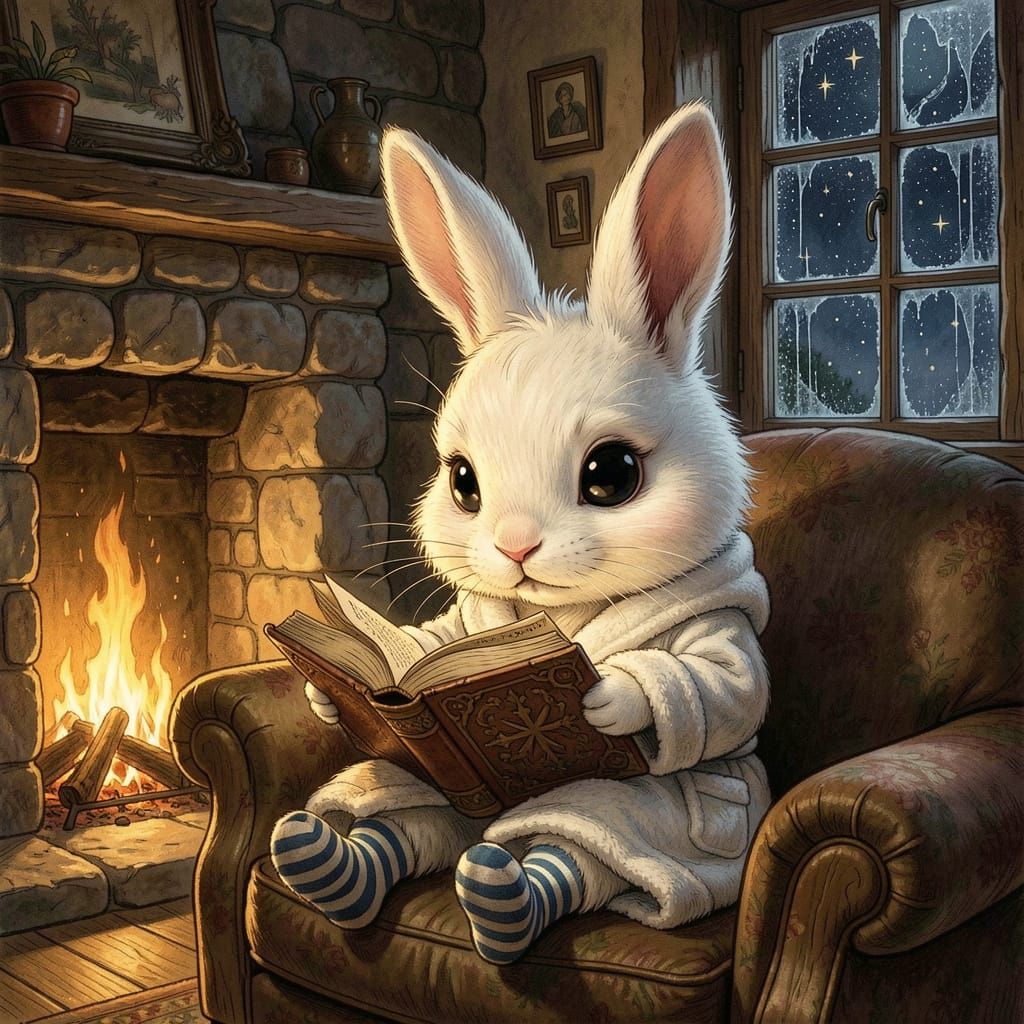 Fluffy Bunny Reads by Firelight