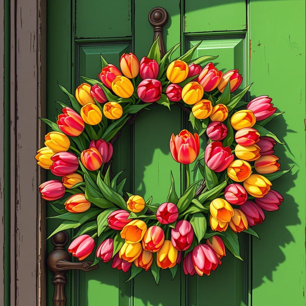 Vibrant Tulip Wreath Adorns Weathered Green Door