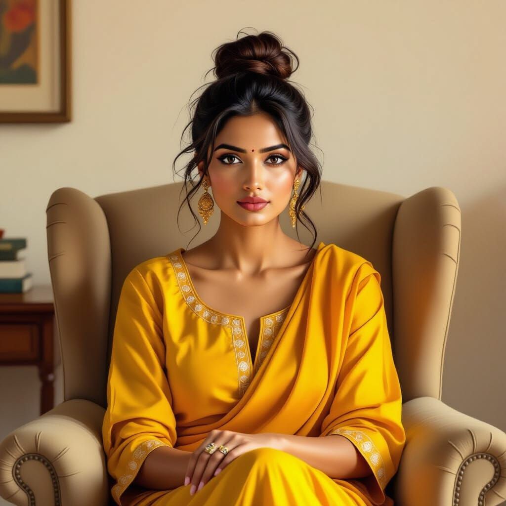Indian Woman in Yellow Kameez Sits Seriously in Lounge