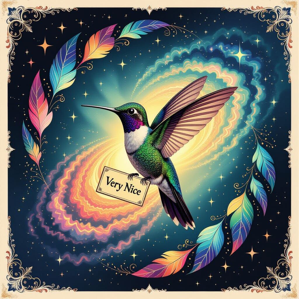 Hummingbird Feather Amidst Cosmic Butterfly Galaxy