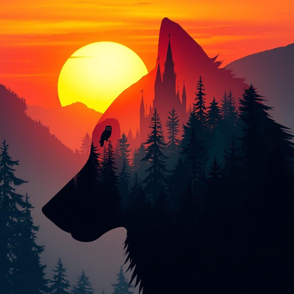 Wolf Silhouette in Sunset Forest Landscape