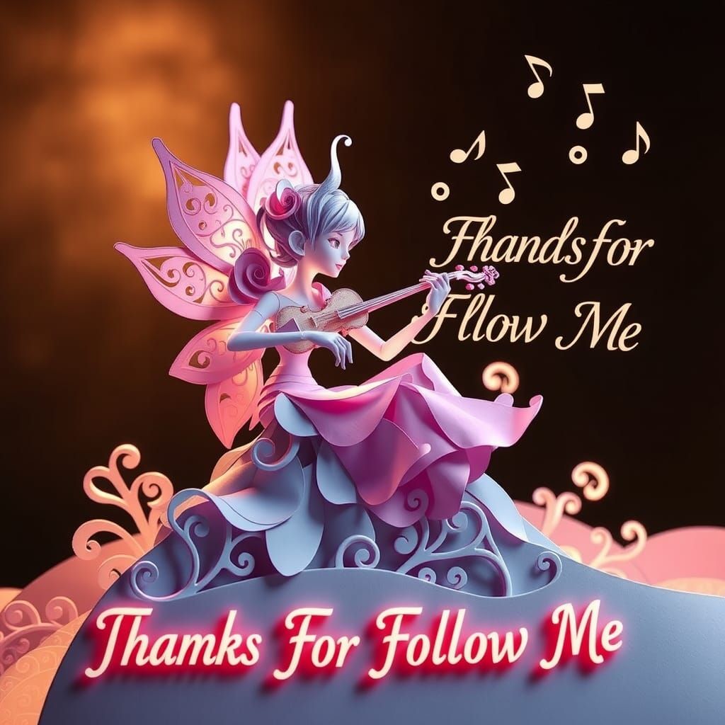 "A 3D paper art scene of a cosmic flower spirit playing a violin in a serene, magical location."