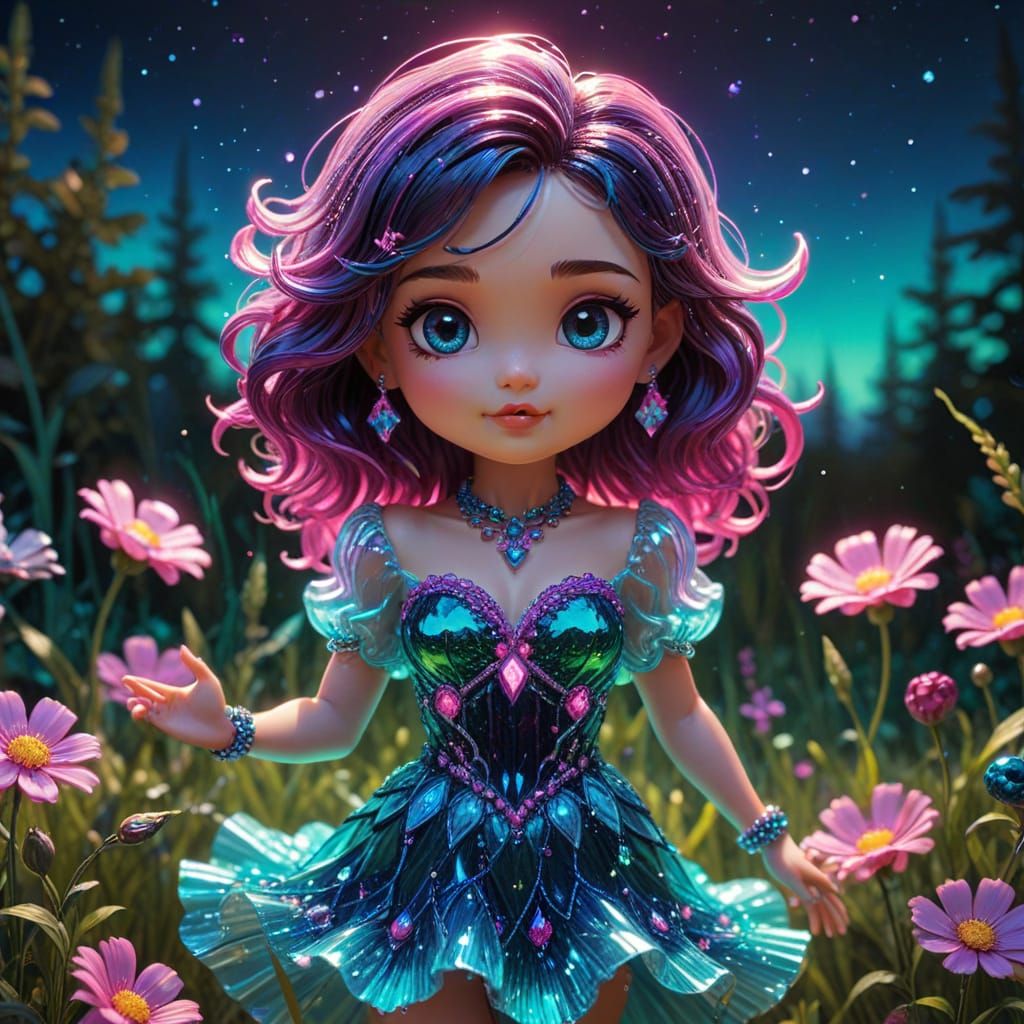 Chibi Lady Dancing in Sunlit Meadow with Glass Bead Dress