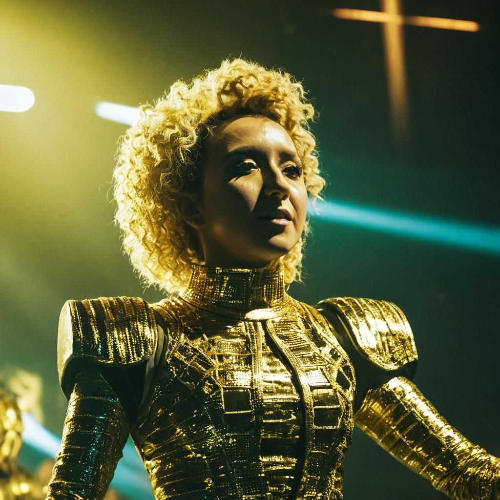 Glamorous Cyberpunk Singer in Gold Outfit