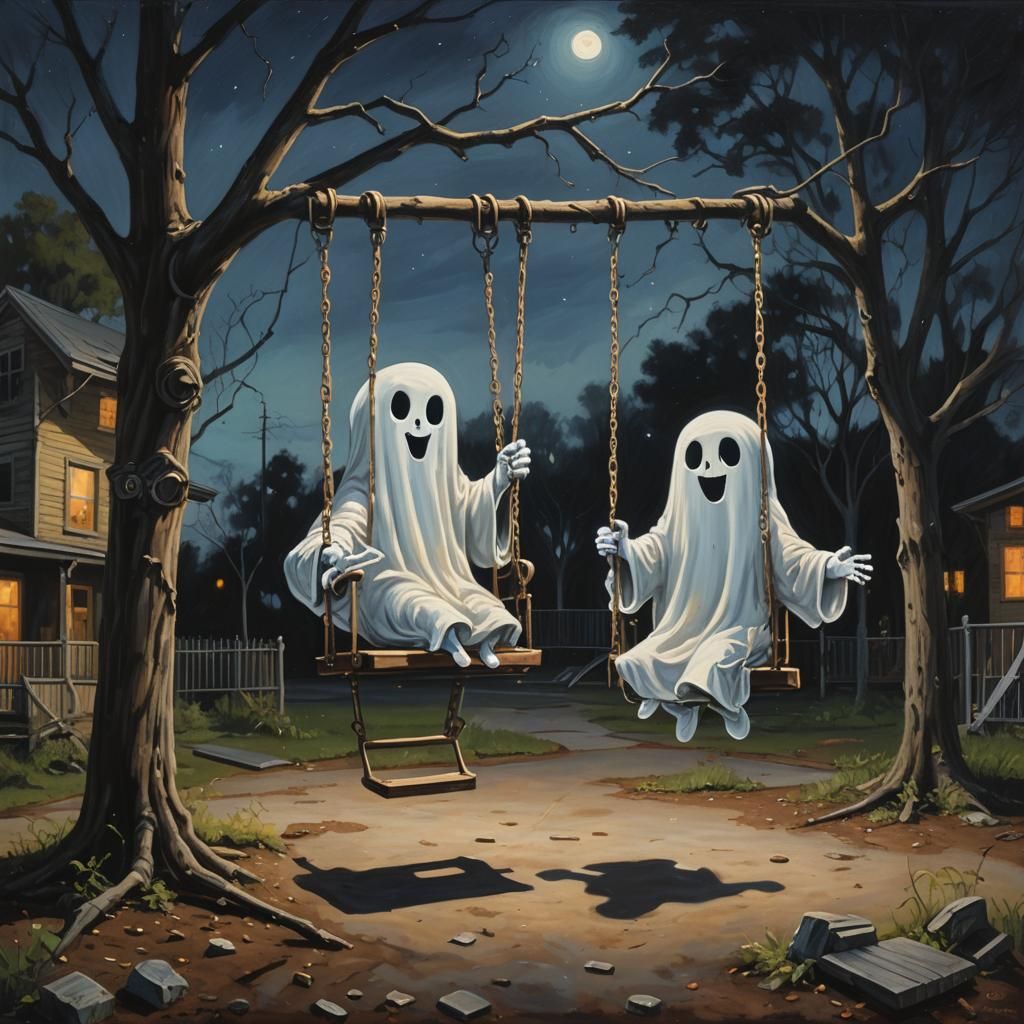 Cartoon Ghosts on a Swing Set as Oil Painting