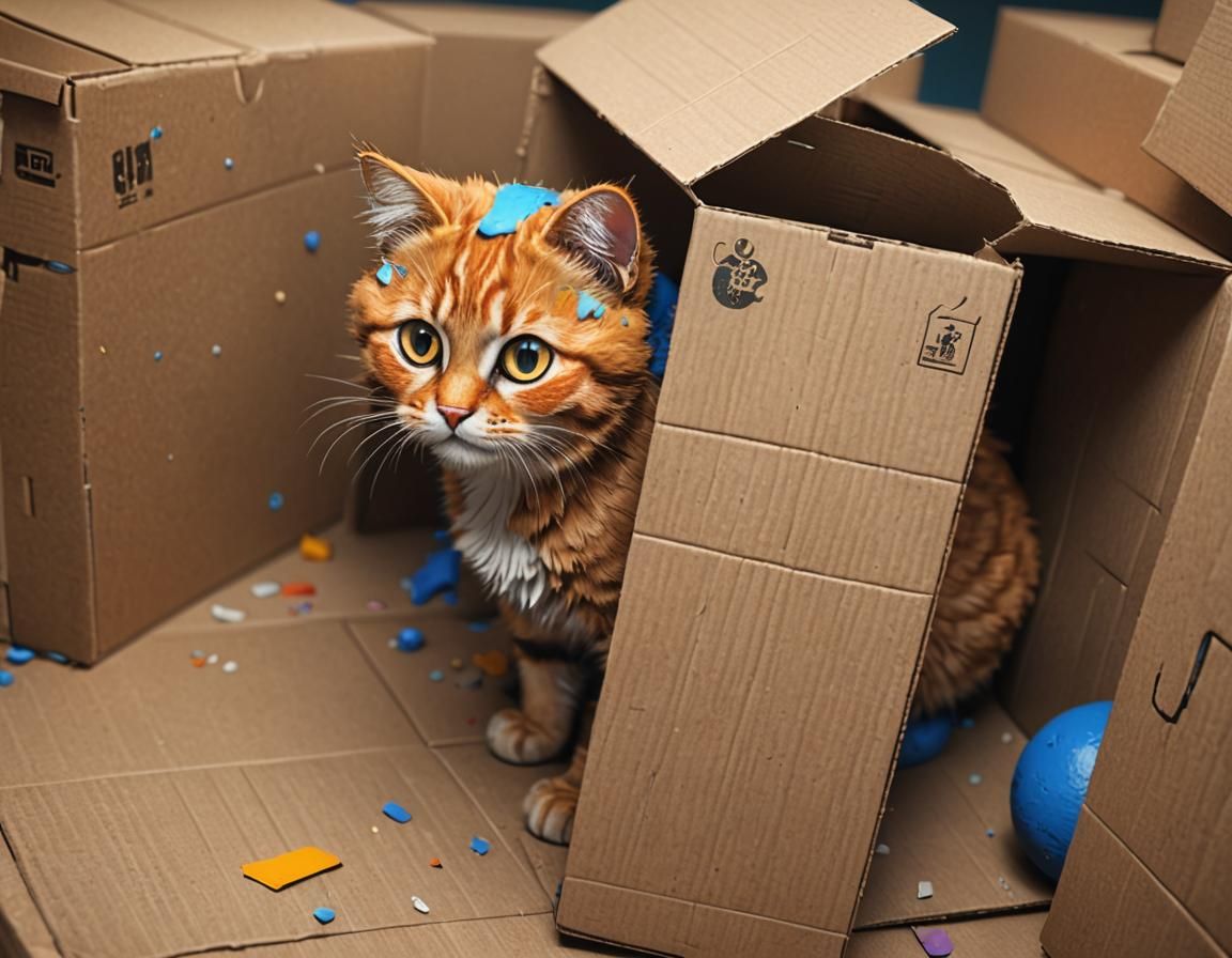 Cartoon Cat in Cardboard Box, Detailed Digital Art