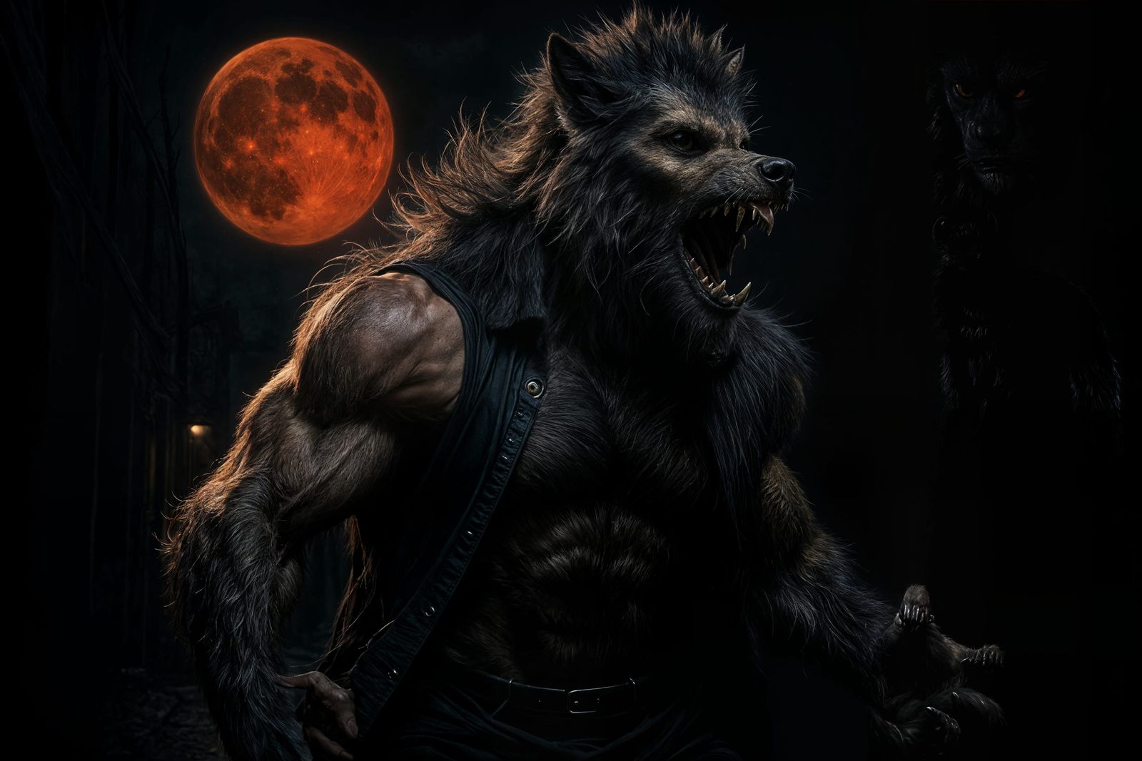Werewolf Transformation Under Blood Moon, Photorealistic Art