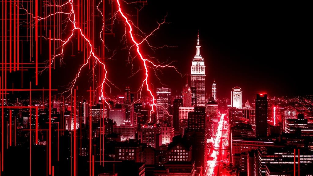 Glitch Art Cityscape with Red Lightning