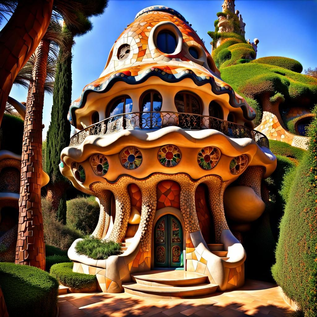 Gaudi-Inspired Mushroom House with Mosaic Details